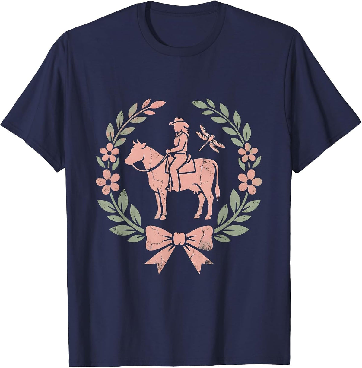 Cowgirl Riding Horse Bareback Through Meadow T-Shirt - Navy Blue