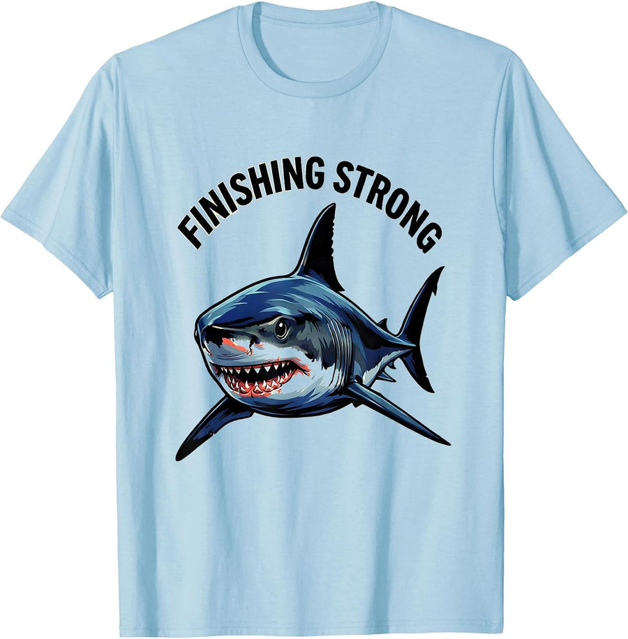 Men's Finishing Strong Cartoon Mako Shark Humor Marine Biology T-Shirt - Baby Blue