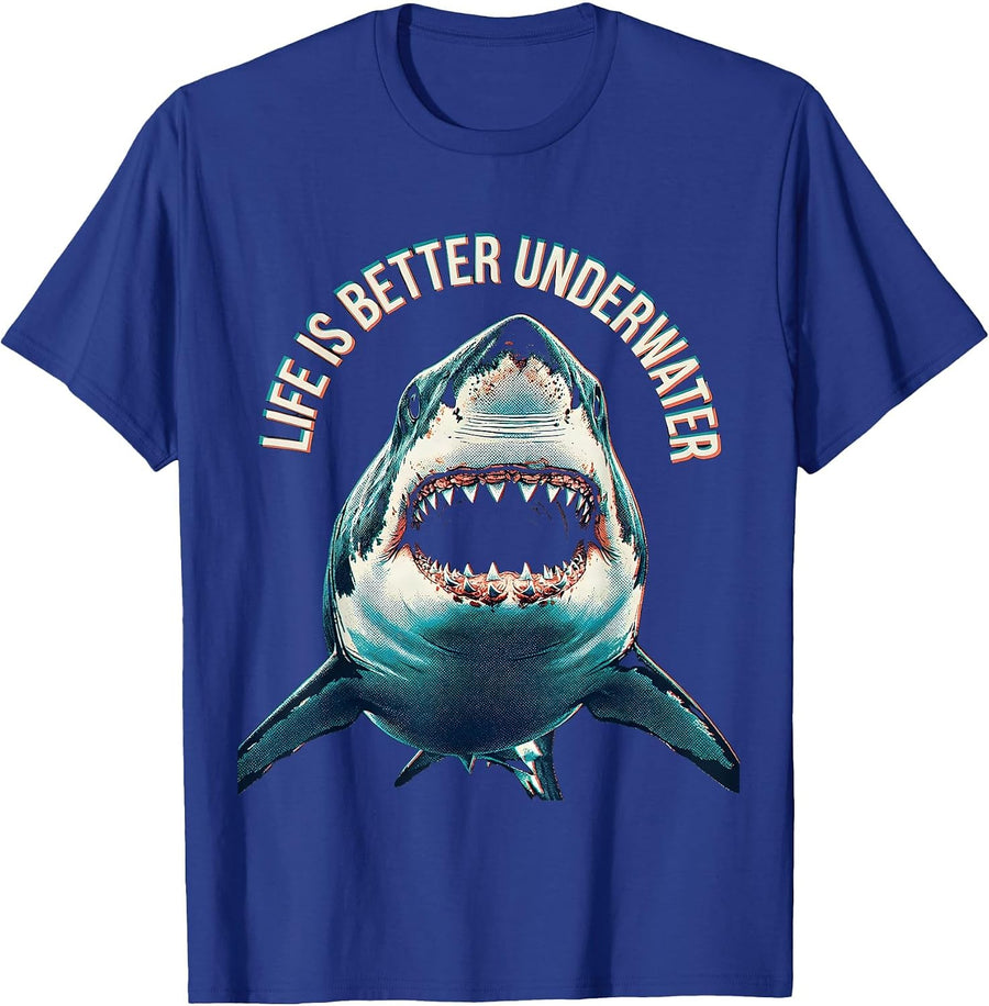 Life Is Better Underwater Shark Design T-Shirt - Royal Blue