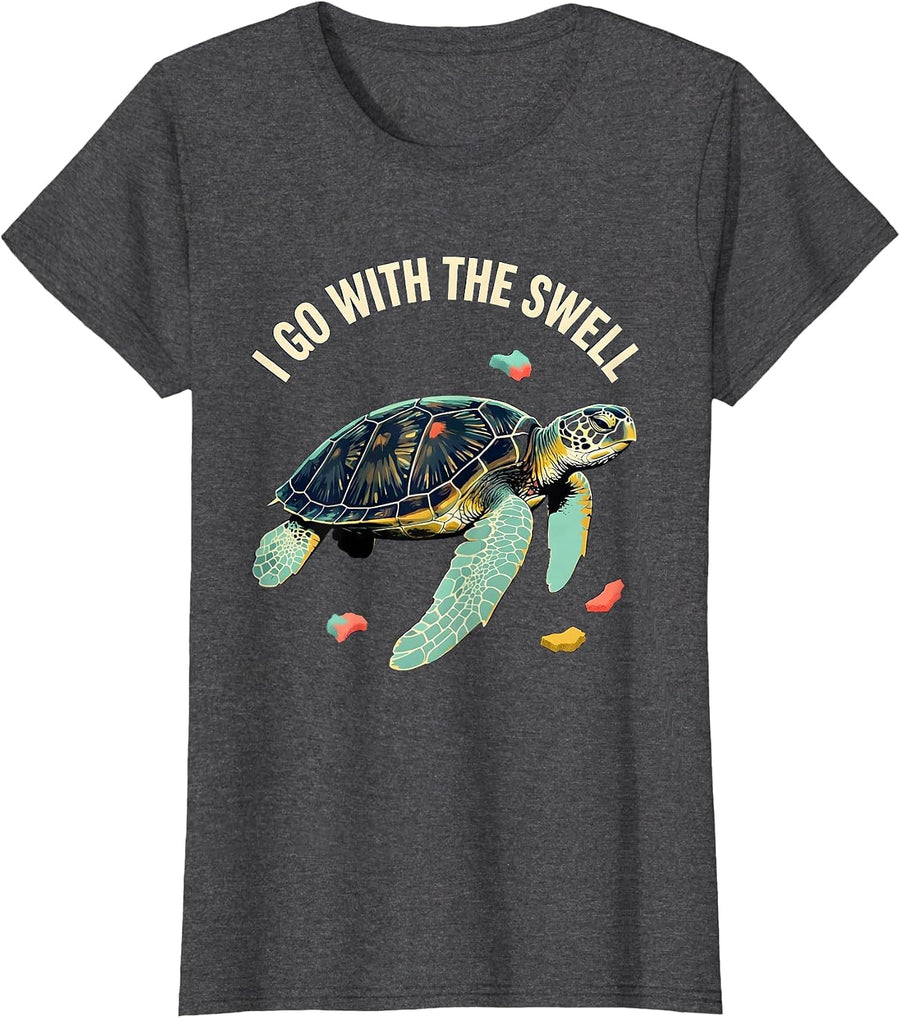 Women's I Go With The Swell Screenprint Sea Turtle Tropical Souvenir T-Shirt - Dark Heather Grey