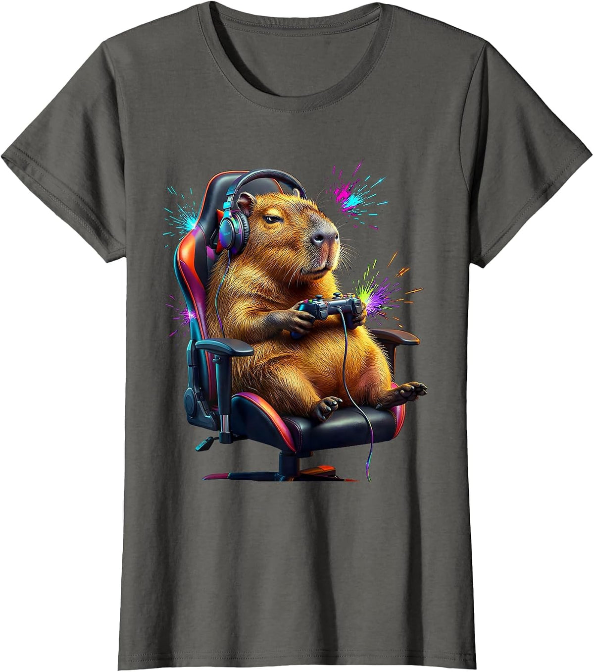 Women's Capybara Gamer Funny Animal Lover Meme Humor T-Shirt - Asphalt Grey
