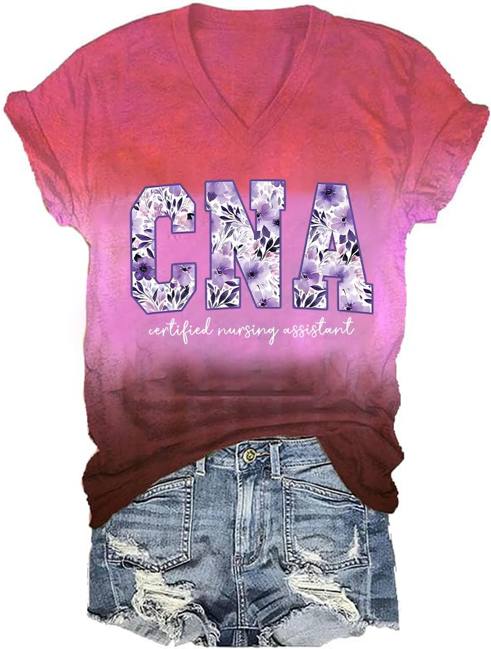 Purple Watercolor Floral CNA Shirt Certified Nursing Assistant Healthcare Worker V-Neck T-Shirt - Multicolor D