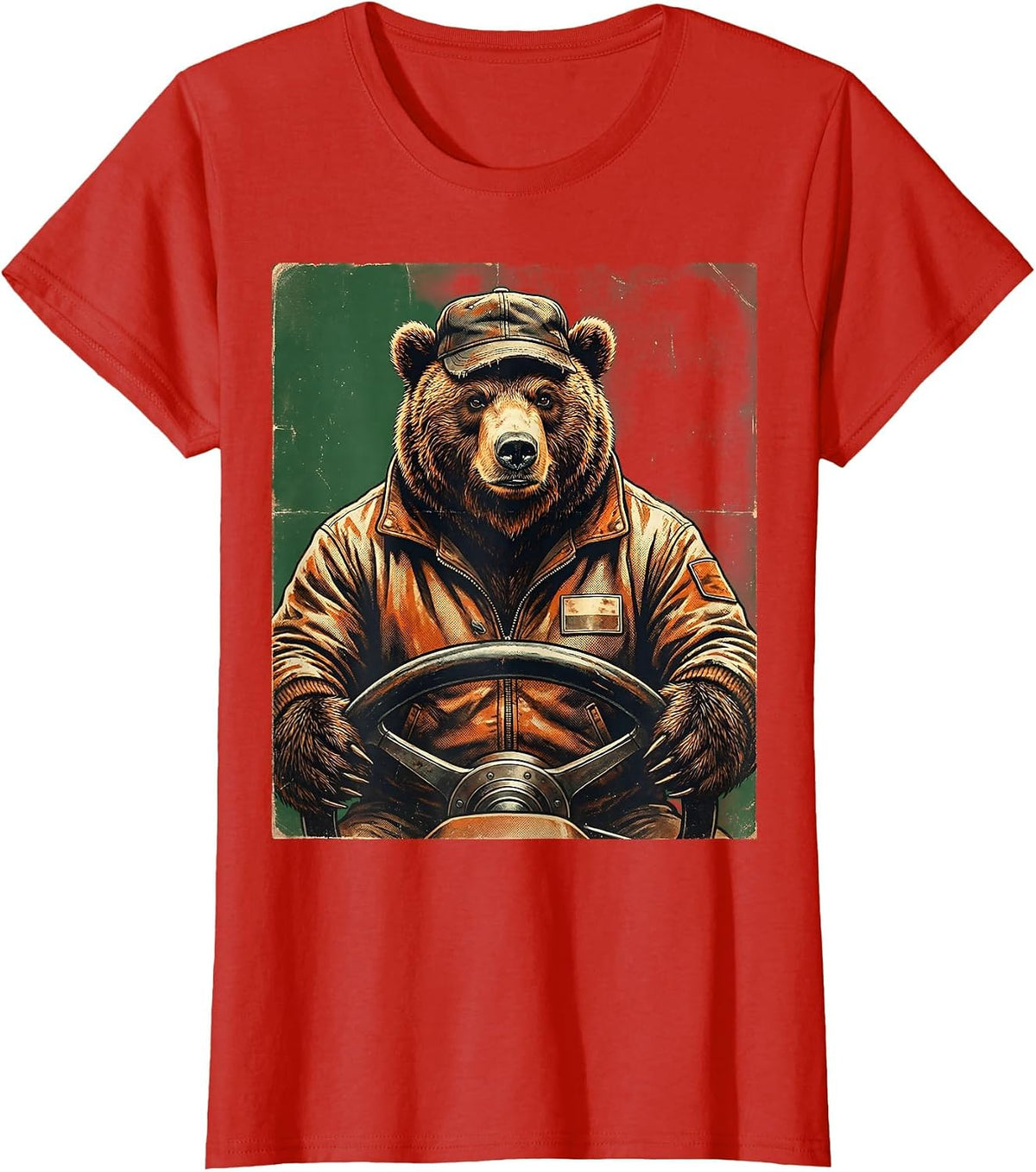 Bus Driver Bear in Uniform Behind the Wheel T-Shirt - Red