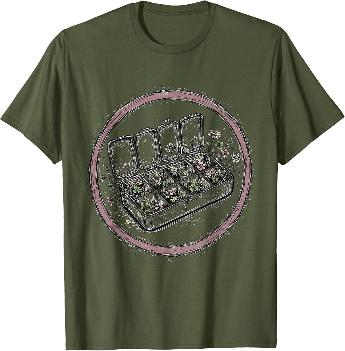 Men's Pill Organizer Overflowing With Flowers Graphic T-Shirt - Olive Green
