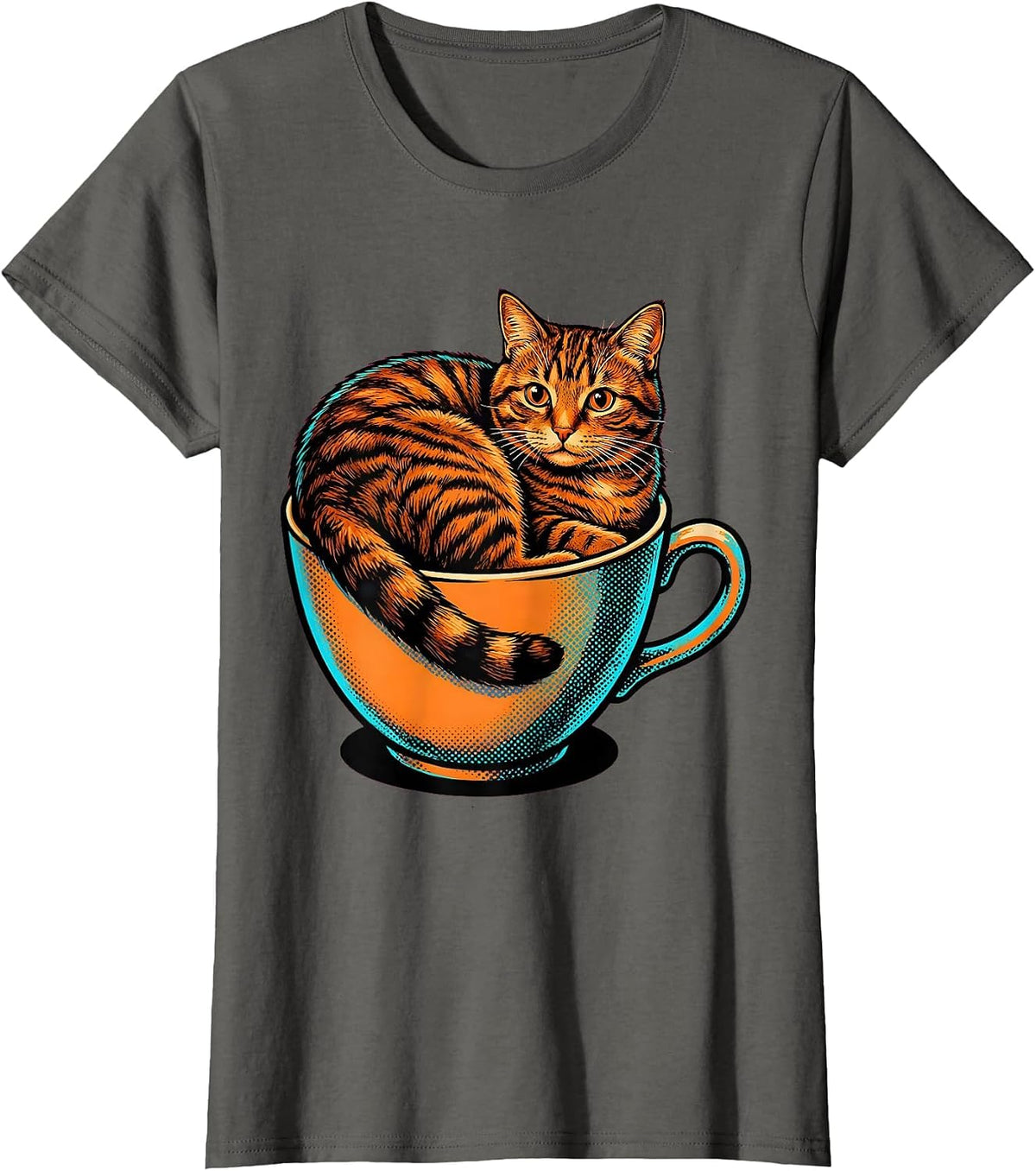 Women's Cozy Tabby Cat Curled in a Teacup Illustration T-Shirt - Asphalt Grey