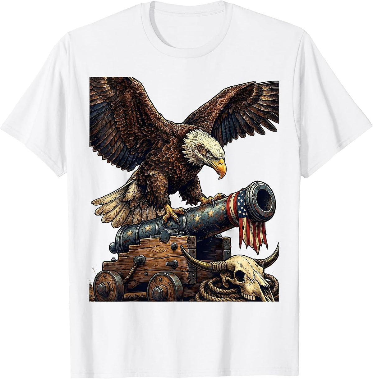 Men's Red White and Blue Eagle on Cannon Graphic T-Shirt - White
