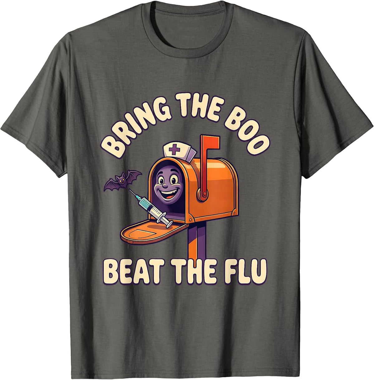 Bring The Boo Beat The Flu Funny Nurse Halloween Vaccine T-Shirt - Asphalt Grey