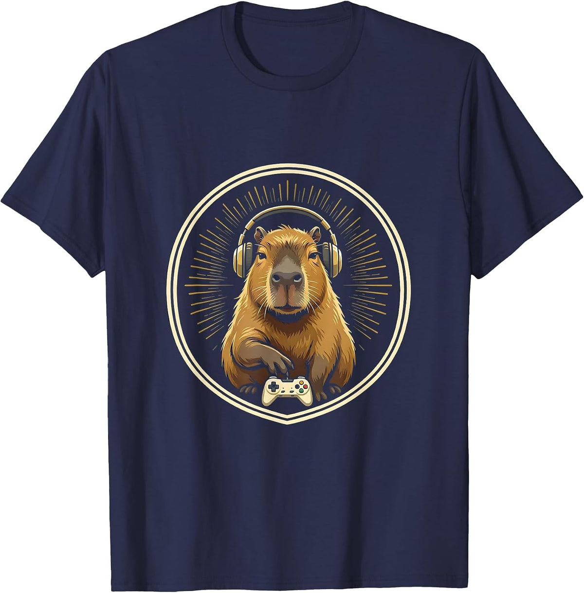 Men's Capybara Gamer Emblem Retro Meme Lover T-Shirt - Navy Blue