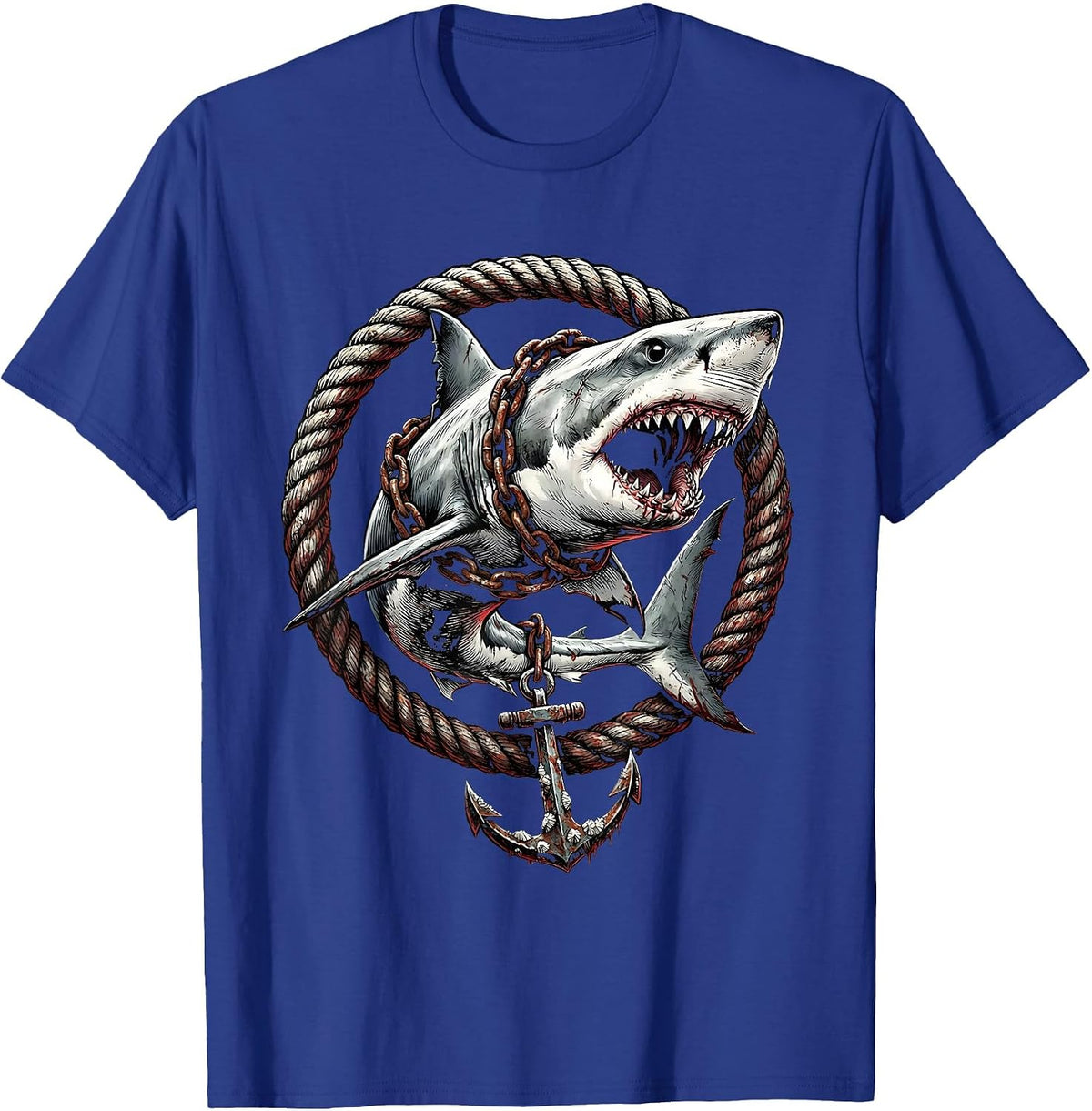 Men's Shark With Anchor Chain Wrapped Around Body T-Shirt - Royal Blue