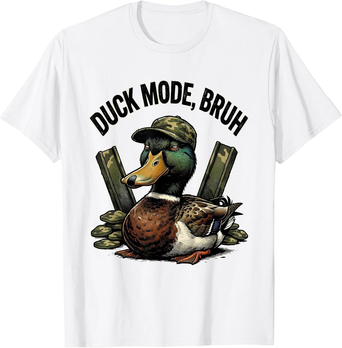 Men's Duck Mode, Bruh Distressed Camo Duck Lover Outdoor Humor T-Shirt - White