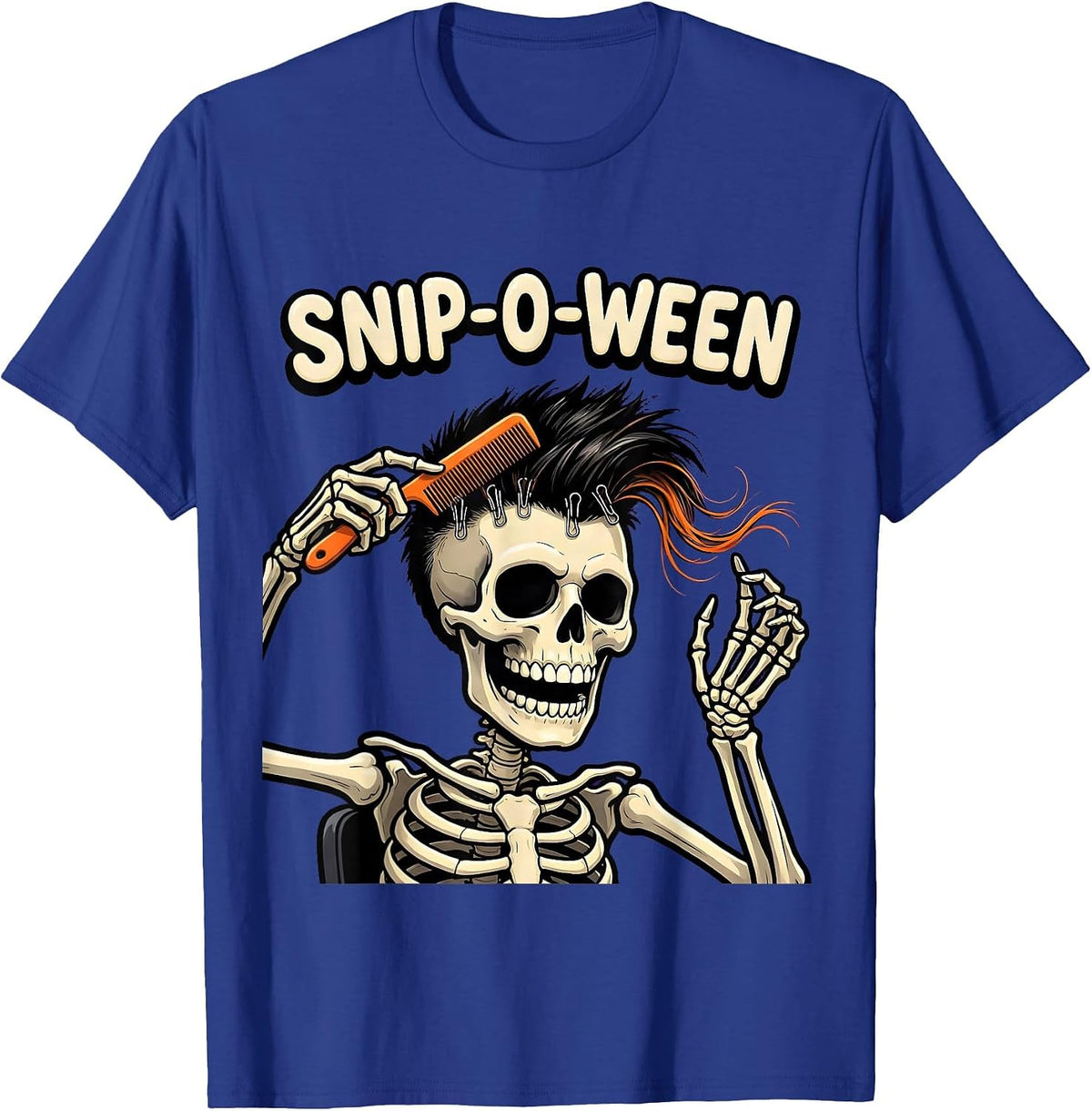 Men's Snip-o-Ween Cartoon Skeleton Hairstylist Halloween Barber T-Shirt - Royal Blue