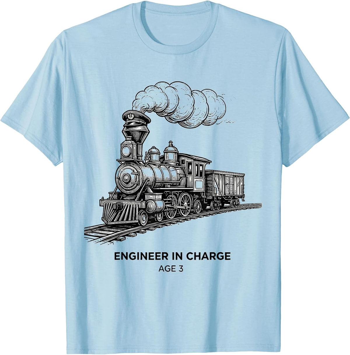 Engineer In Charge Age 3 Kids Construction Train Birthday T-Shirt, Men, Baby Blue, X-Large - As Pictured