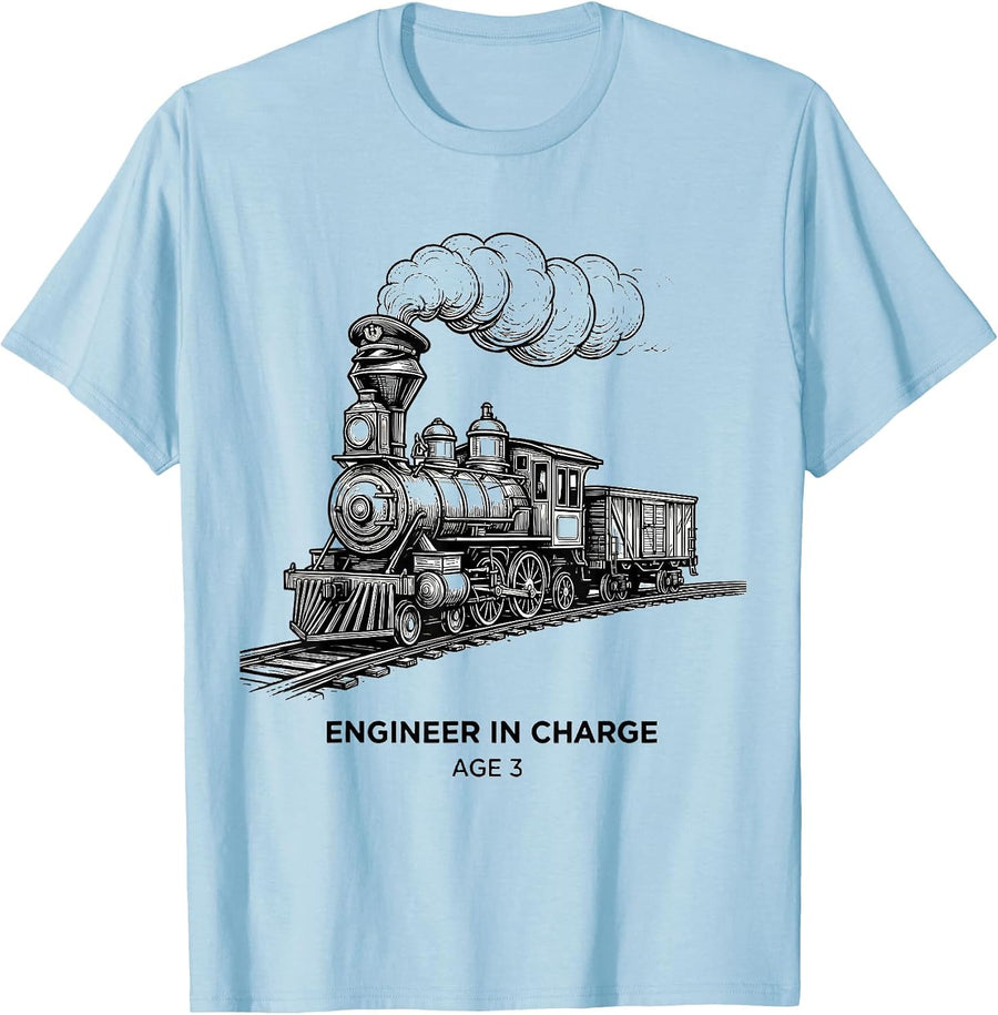 Engineer In Charge Age 3 Kids Construction Train Birthday T-Shirt, Men, Baby Blue, Small - As Pictured