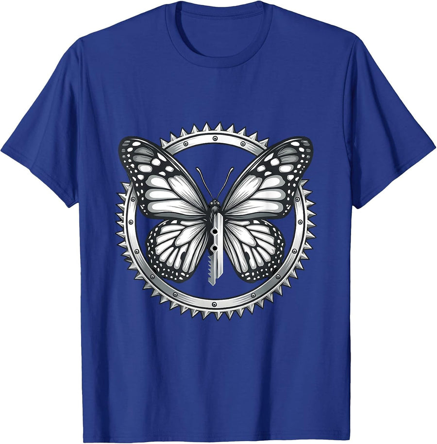 Punk Razor Blade Butterfly Wings Graphic Tee T-Shirt - Royal Blue