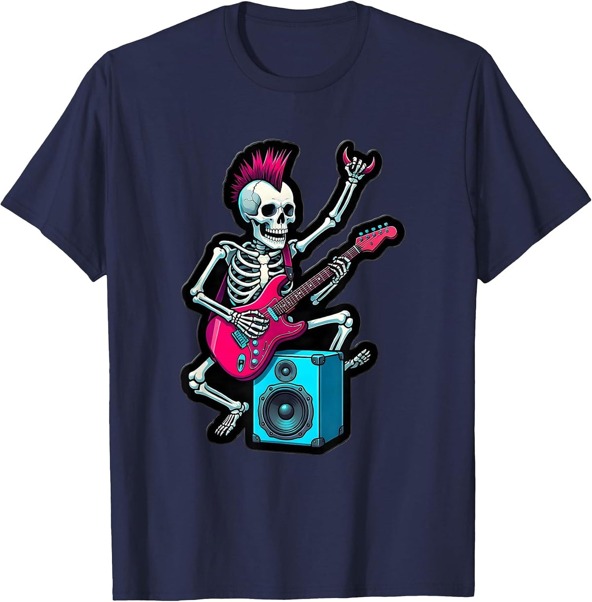 Men's Punk Skeleton Skull Guitar Rock Music Halloween Kids T-Shirt - Navy Blue