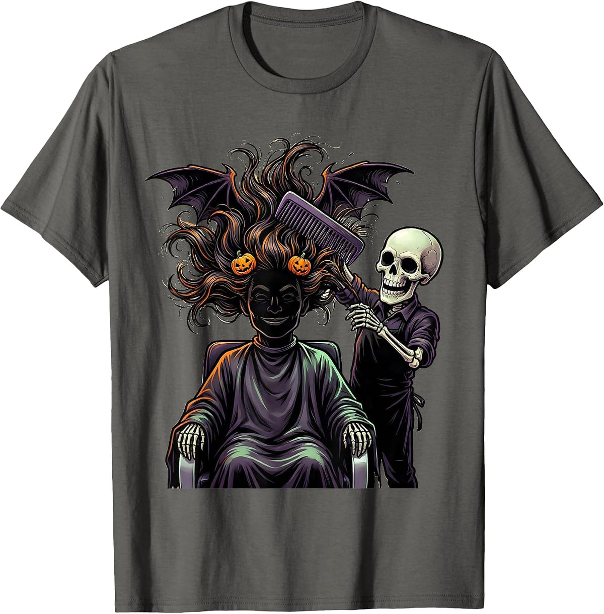 Men's Cartoon Skeleton Hairstylist Halloween Hairdresser Barber T-Shirt - Asphalt Grey