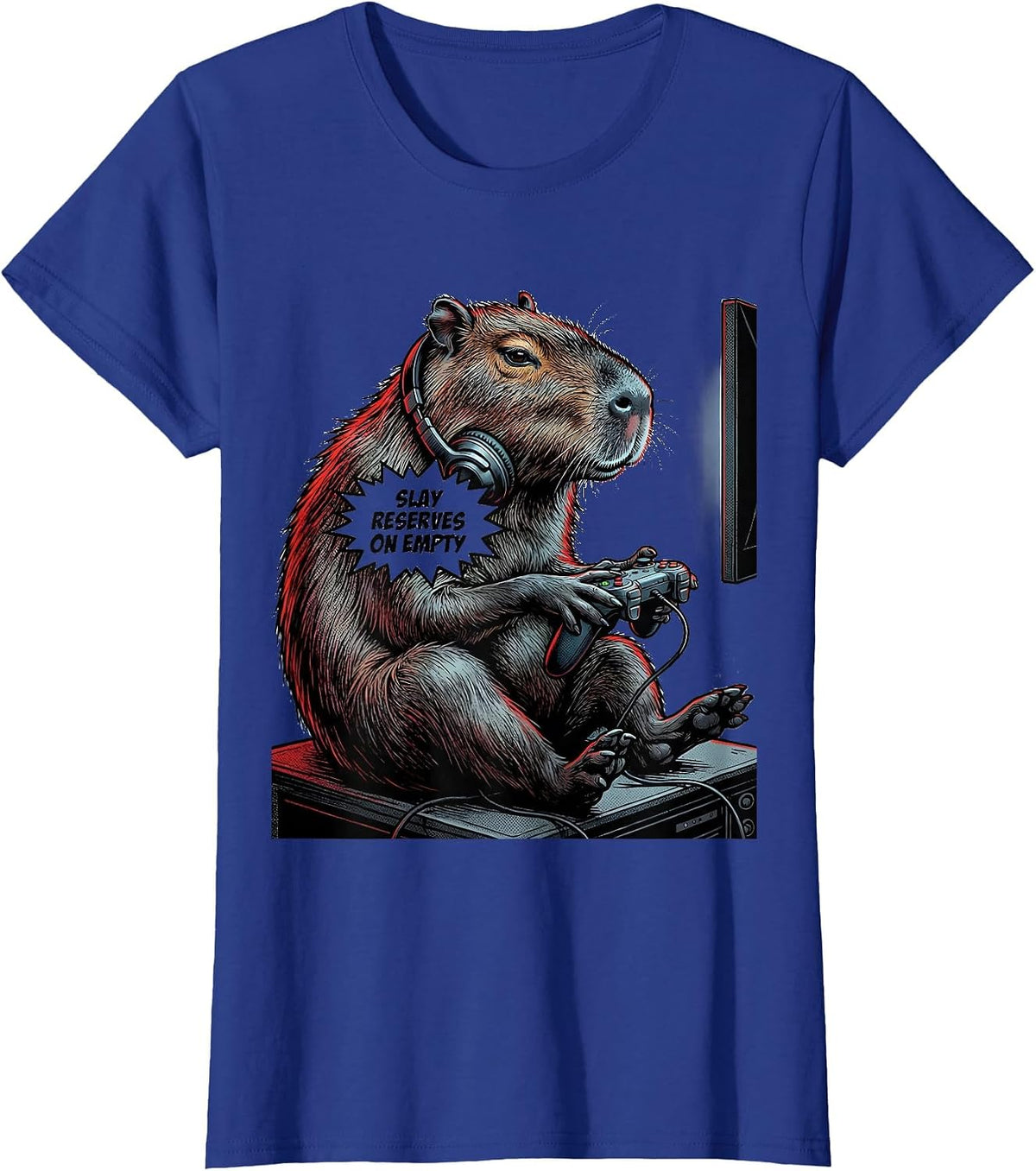 Women's Slay Reserves On Empty Comic Book Capybara Gamer Meme Humor T-Shirt - Royal Blue