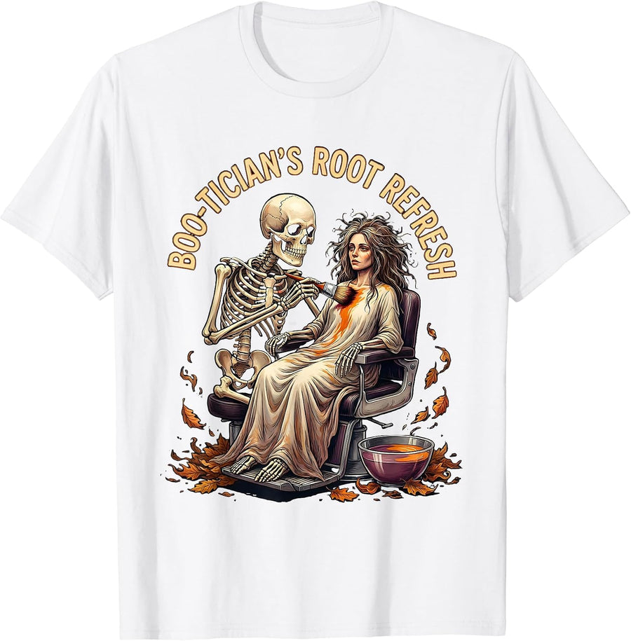 Men's Boo-tician's Root Refresh Funny Skeleton Hairdresser T-Shirt - White