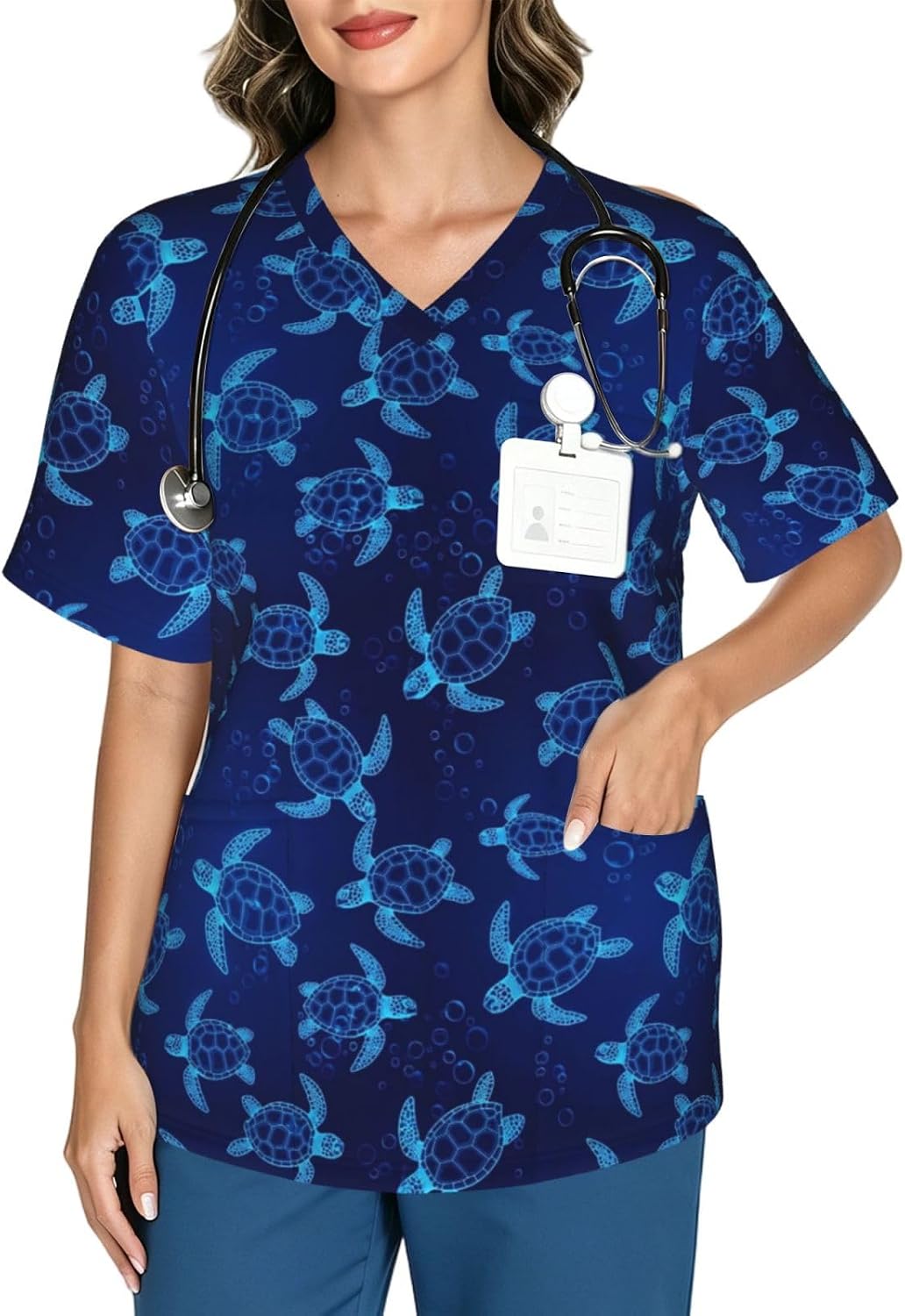 Supdreamc Women's V Neck Scrub Top Short Sleeve Practical Nursing Workwear - Pattern (643)