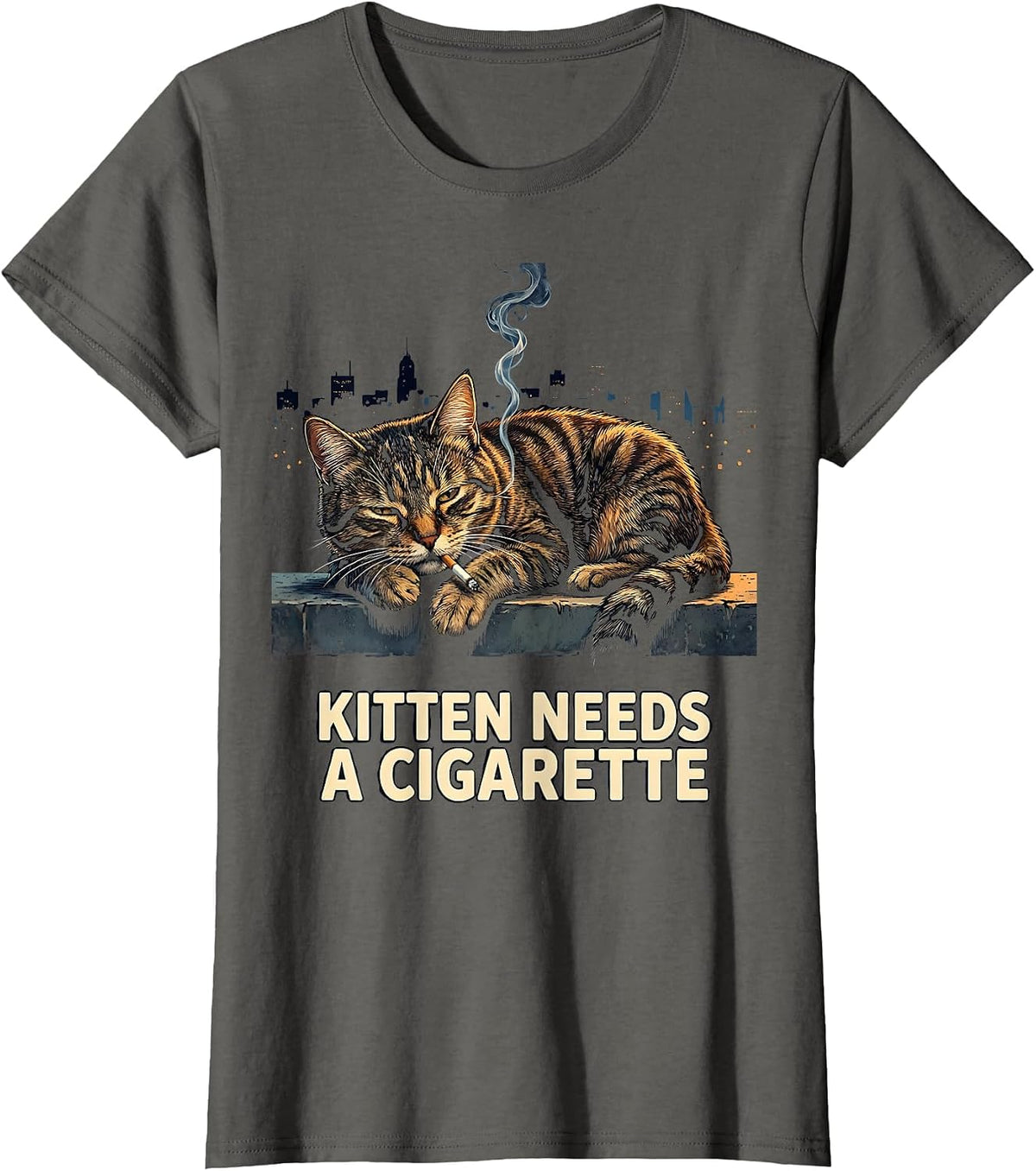 Women's Kitten Needs A Cigarette Funny Smoking Cat Meme Gen Z T-Shirt - Asphalt Grey