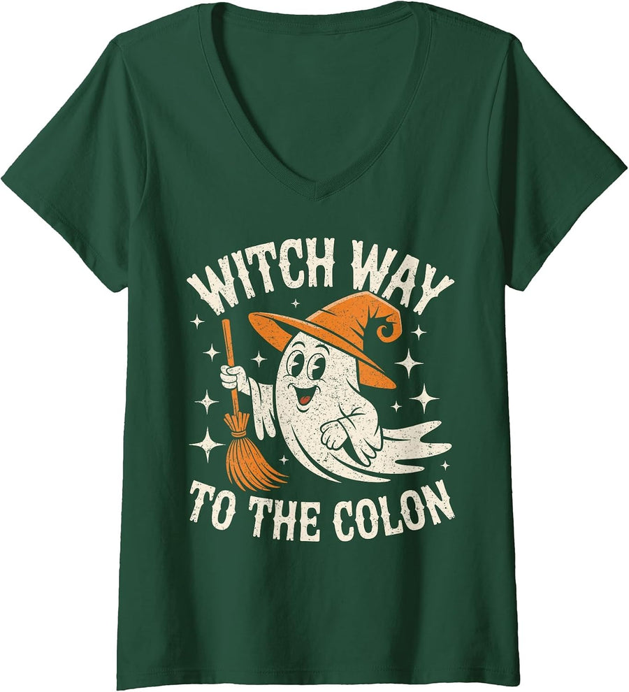Women's Witch Way to The Colon Cute Ghost Endoscopy Nurse Halloween V-Neck T-Shirt - Dark Green