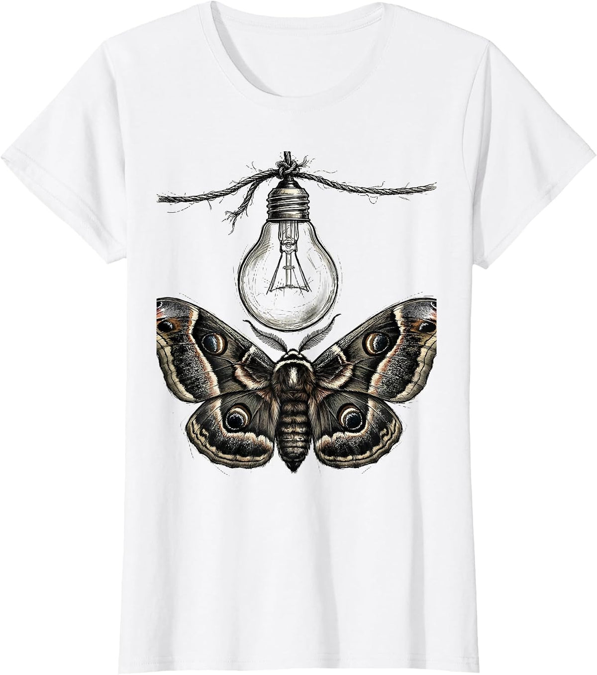 Grunge Moth and Bare Bulb Illustration T-Shirt - White