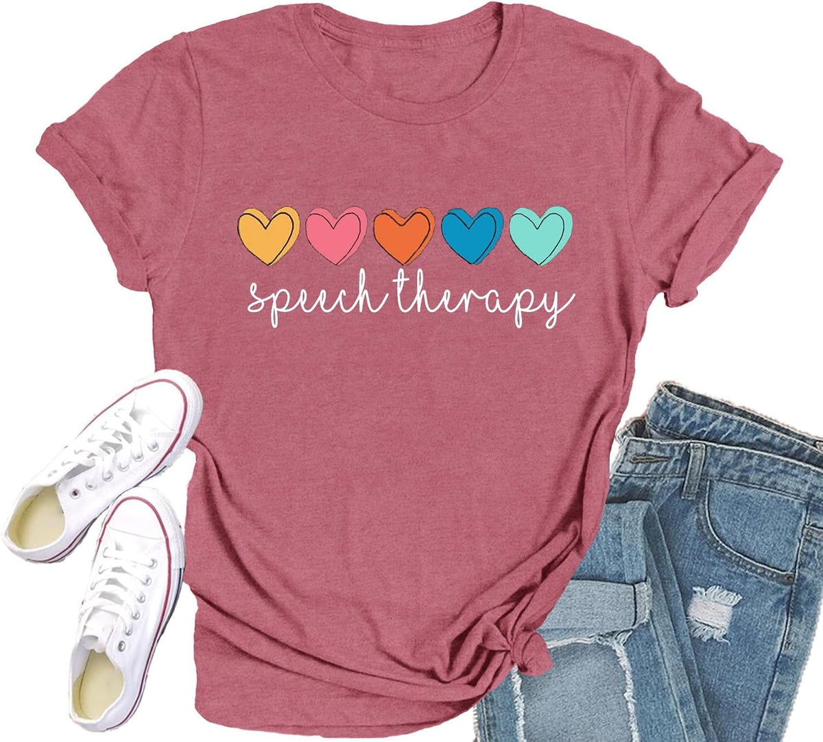 Speech Therapy Shirt for Women Speech Language Pathologist Graphic T-Shirts Rainbow Heart Autism Awareness Teacher Tee Tops