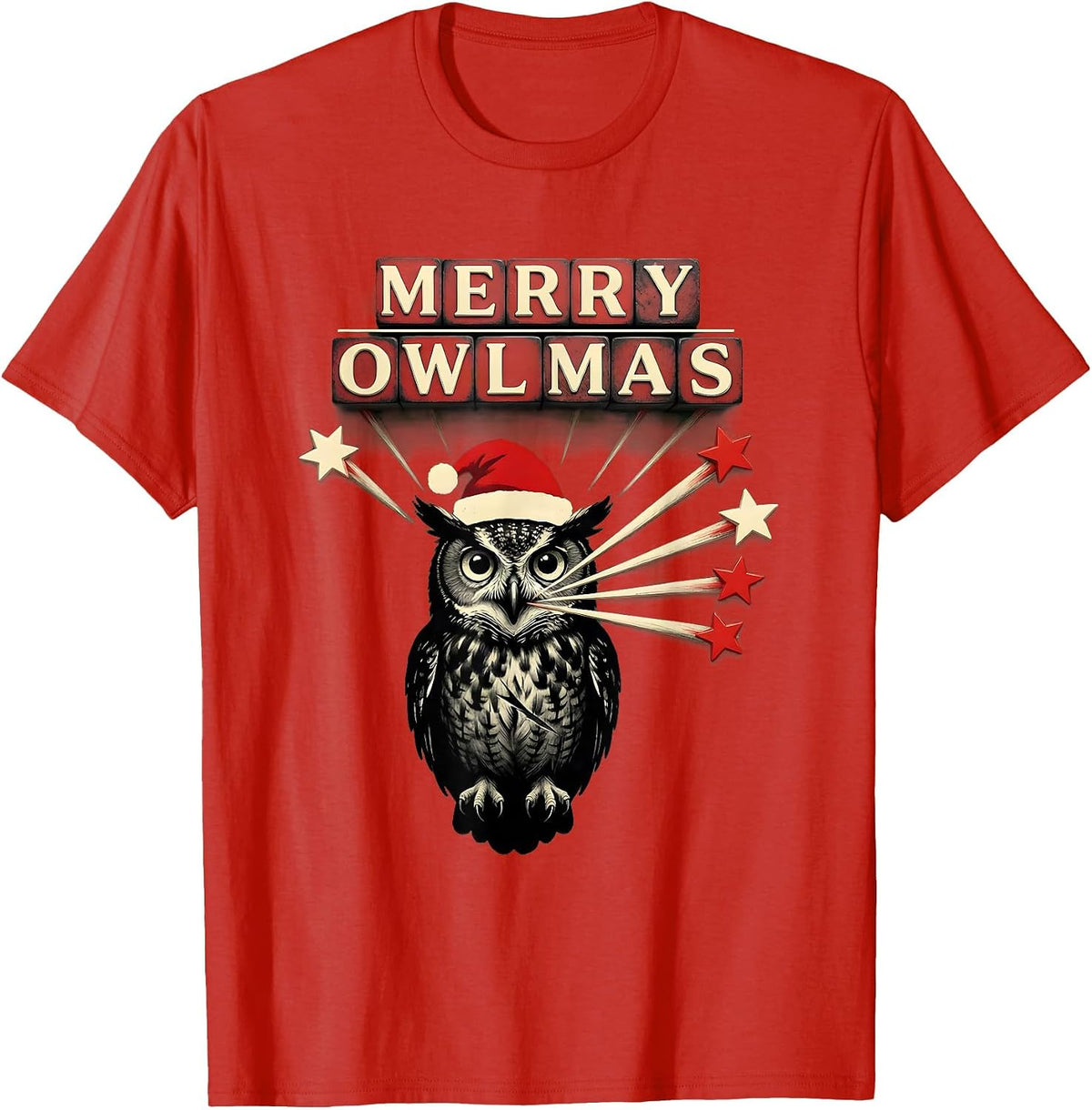 Men's Merry Owlmas! Owl Lover Santa Hat Christmas Lights Novelty T-Shirt - Red