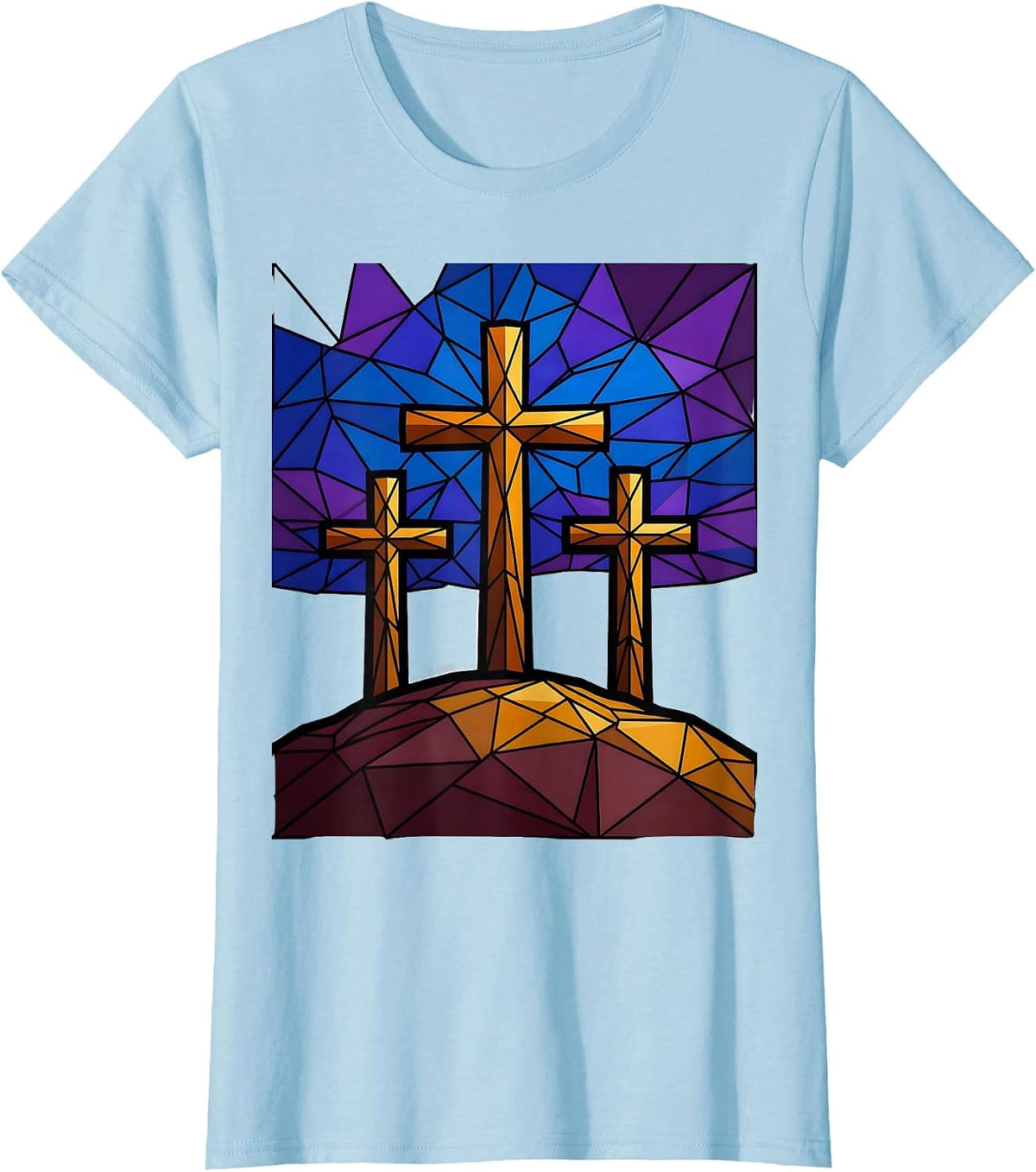 Three Crosses on Barren Hilltop Christian Design T-Shirt - Baby Blue