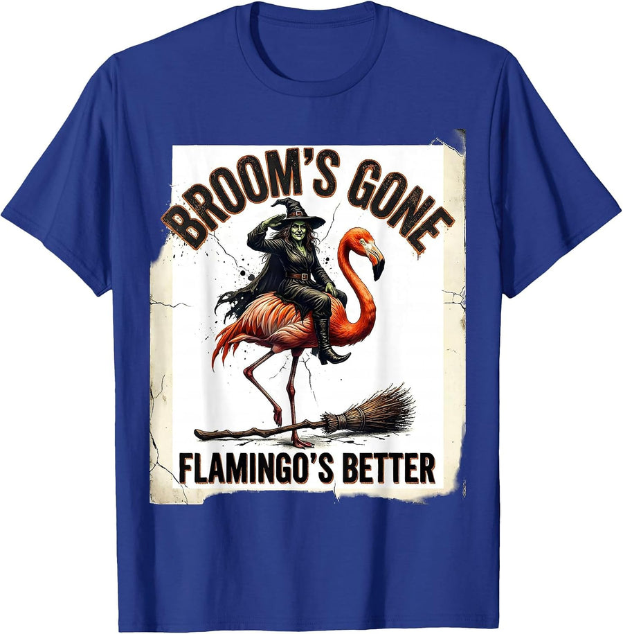 Broom's Gone Flamingo's Better Distressed Witch Halloween T-Shirt - Royal Blue