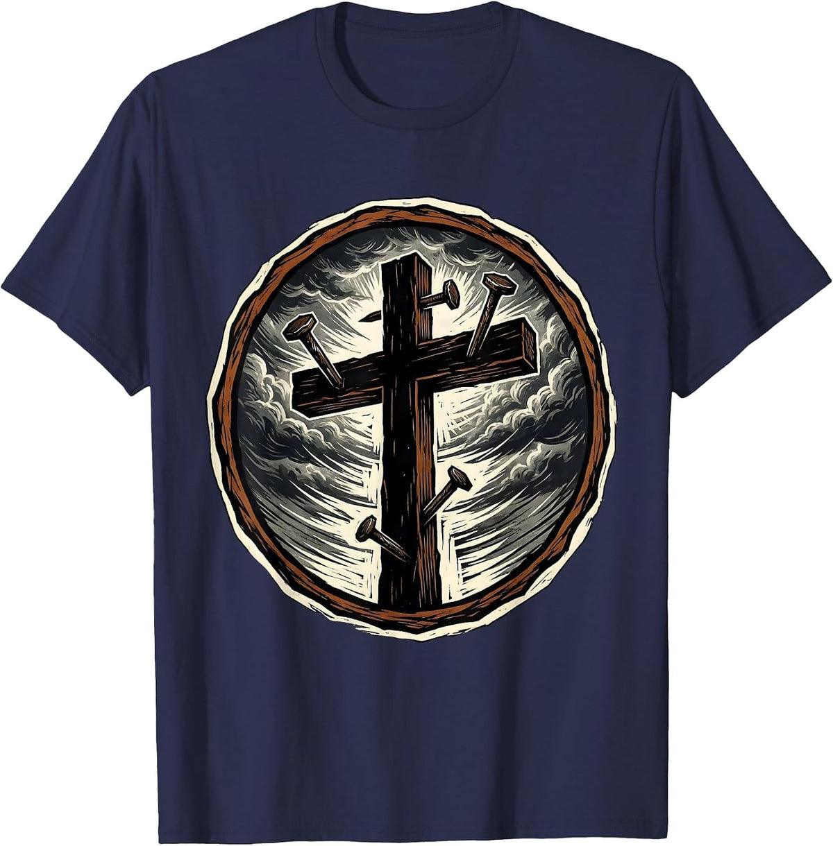 Men's Three Nails Cross Stormy Sky Graphic Design T-Shirt - Navy Blue