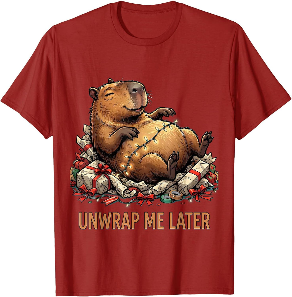 Unwrap Me Later Cute Christmas Capybara Funny Animal Lover T-Shirt - Cranberry Red