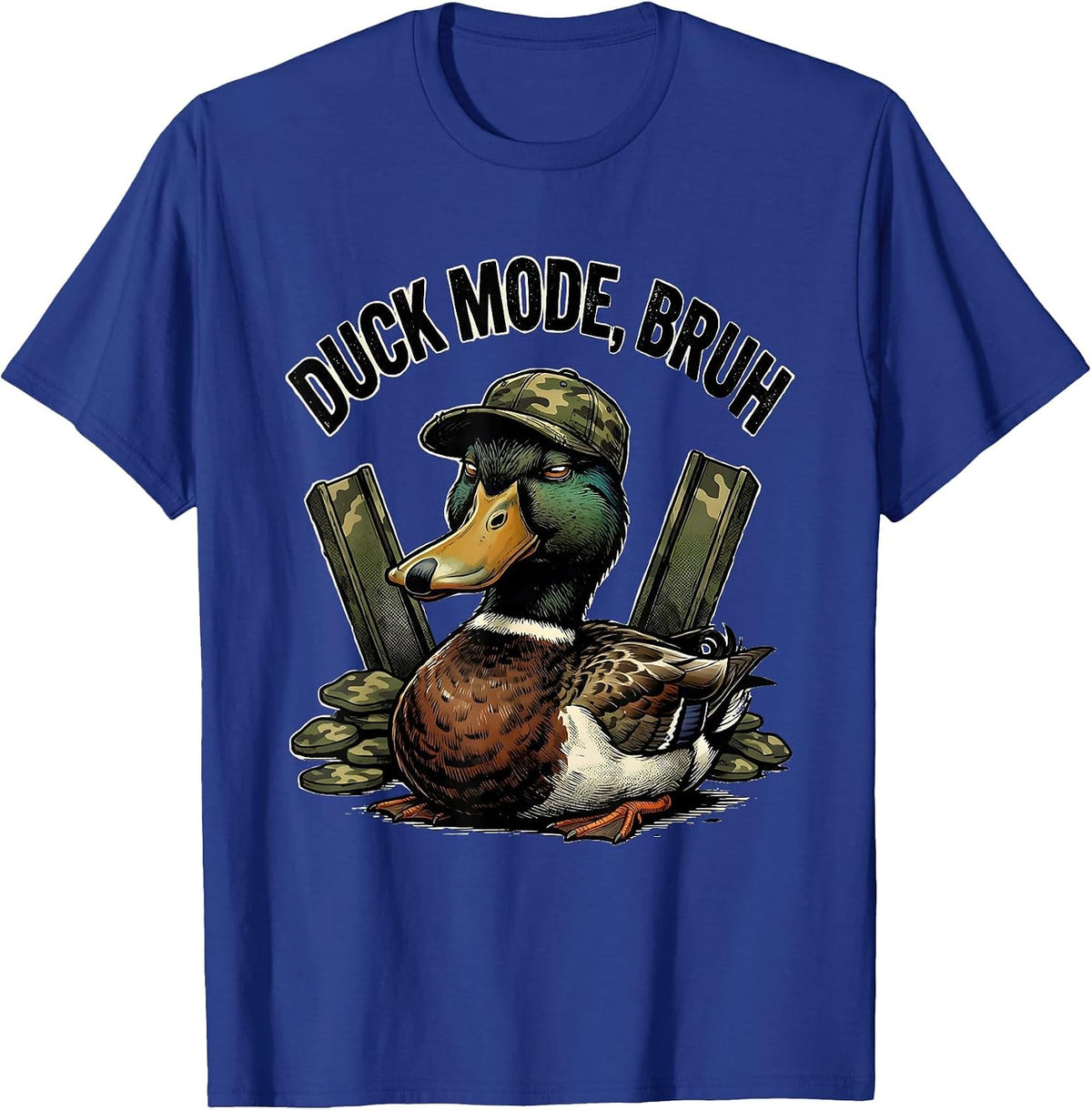 Men's Duck Mode, Bruh Distressed Camo Duck Lover Outdoor Humor T-Shirt - Royal Blue