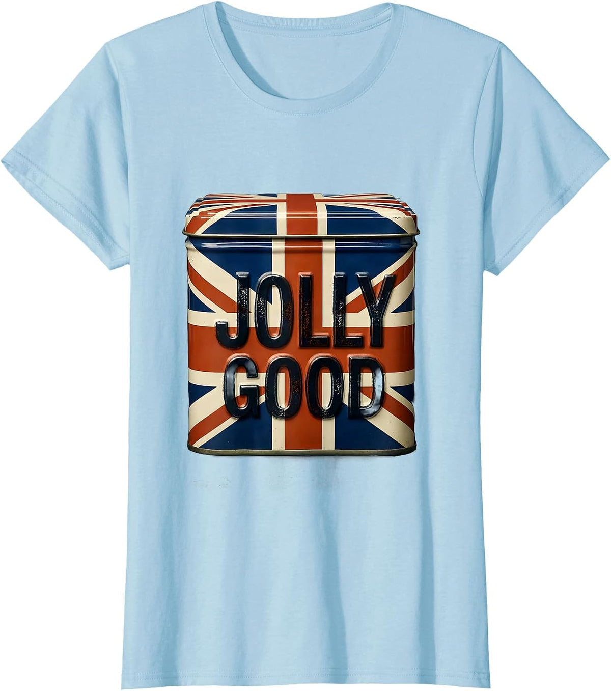 Women's Jolly Good Rubber Stamp Union Jack UK Souvenir Gift T-Shirt - Baby Blue