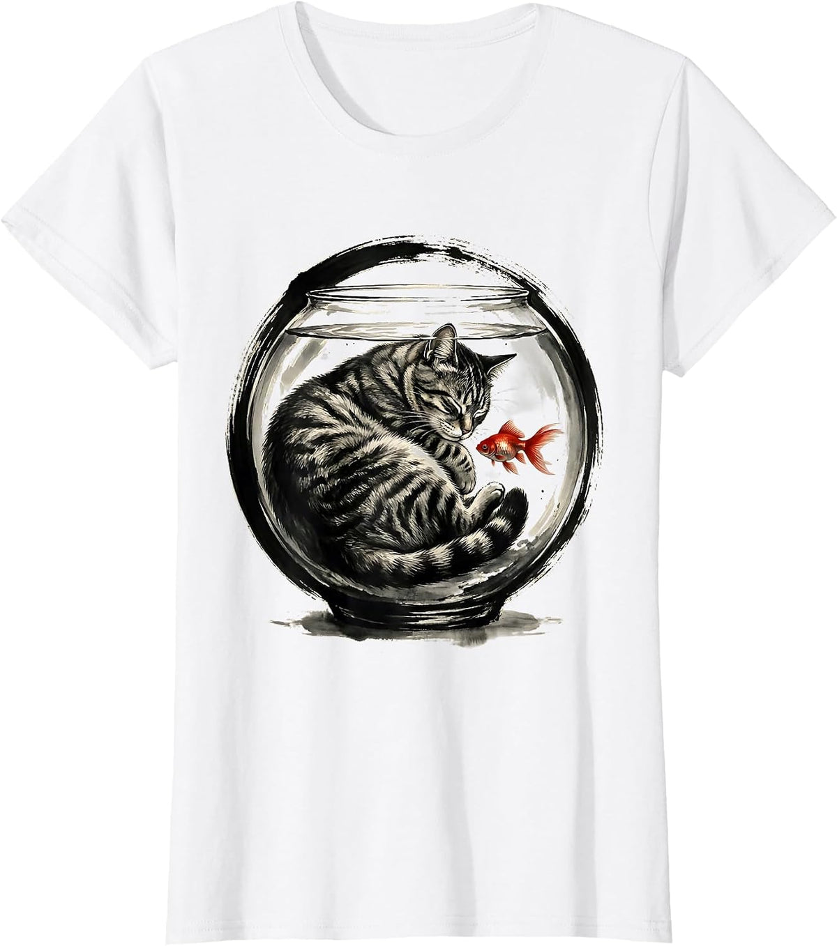 Cozy Tabby Cat Curled Inside Fishbowl Graphic T-Shirt - White