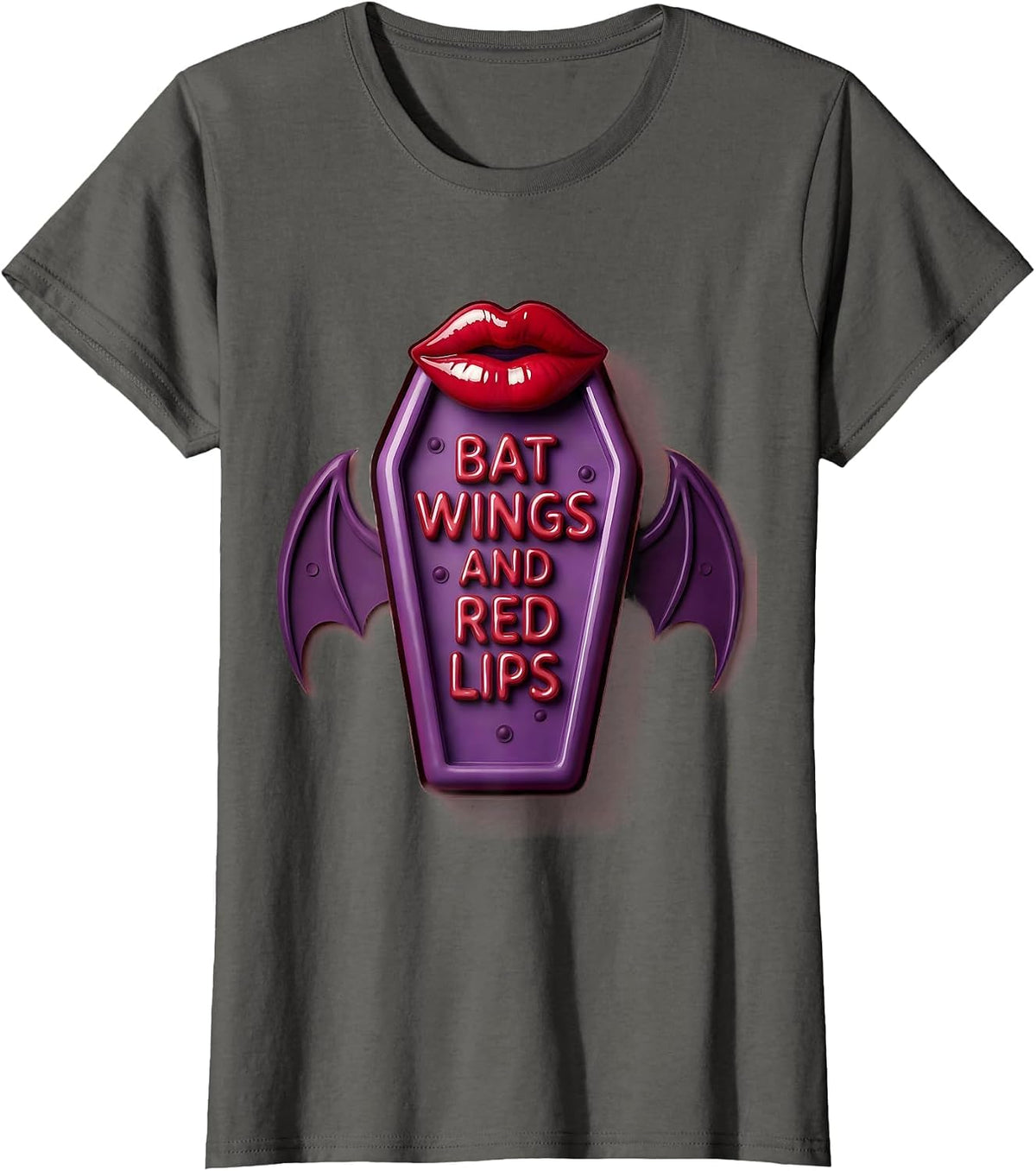 Women's Bat Wings and Red Lips Goth Aesthetic Design T-Shirt - Asphalt Grey