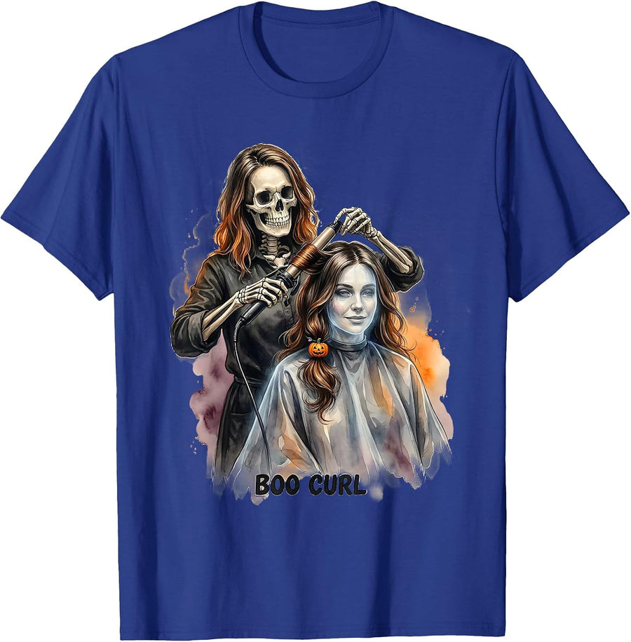 Boo Curl Watercolor Skeleton Hairstylist Halloween Barber T-Shirt - Royal Blue