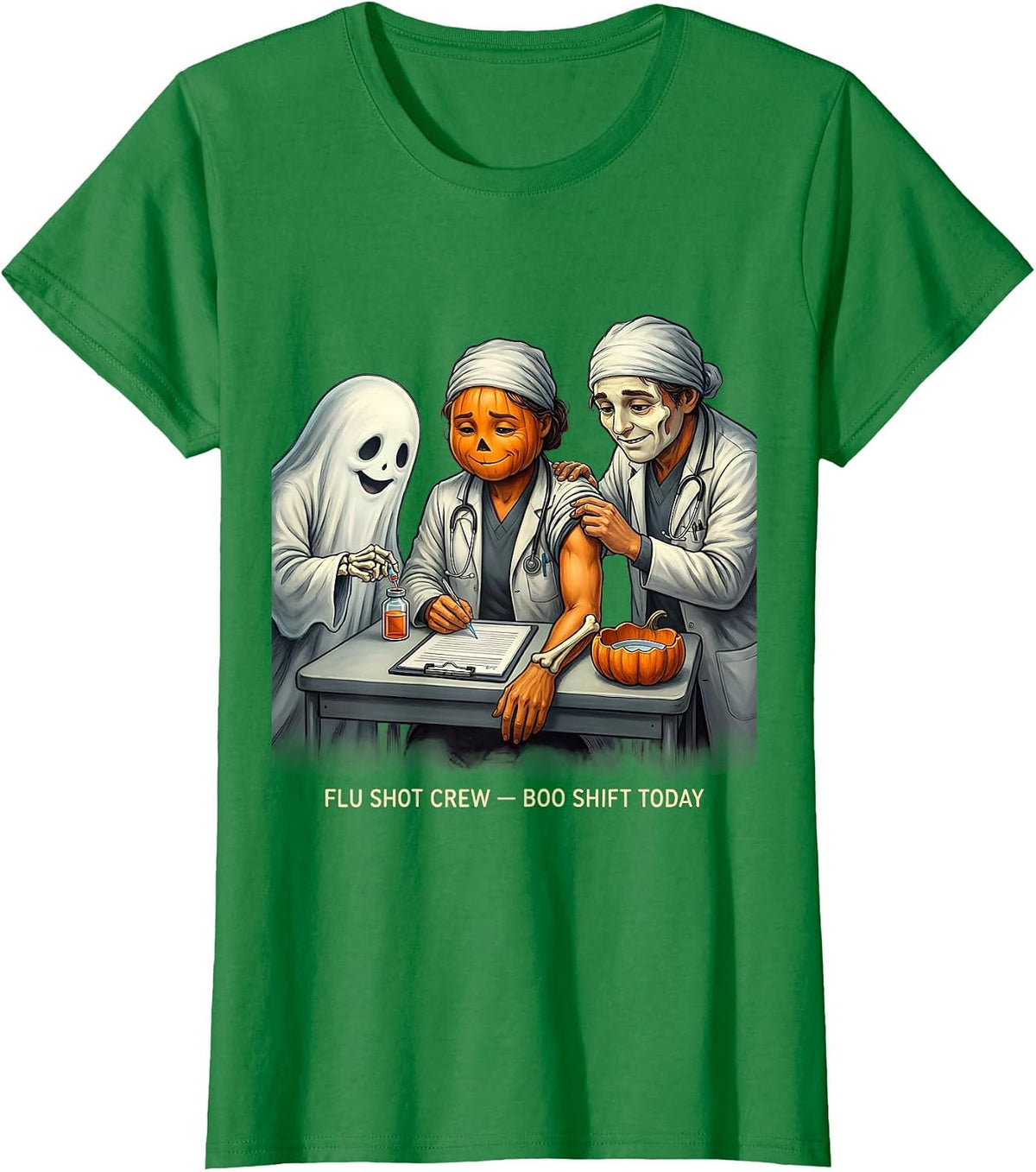 Women's Flu Shot Crew Boo Shift Today Funny Nurse Ghost Halloween T-Shirt - Kelly Green