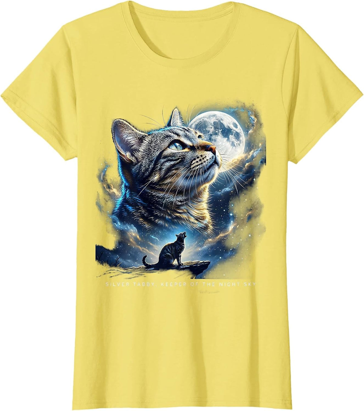 Silver Tabby, Keeper of the Night Sky Cosmic Retro Cat Lover T-Shirt - Lemon Yellow