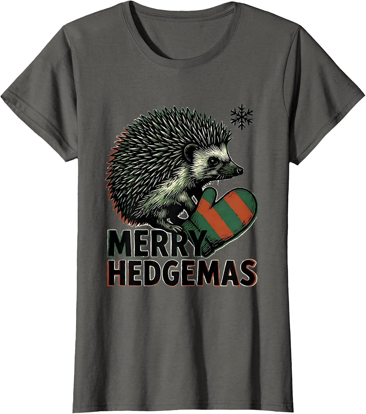 Women's Merry Hedgemas Linocut Hedgehog Christmas Novelty Gift T-Shirt - Asphalt Grey