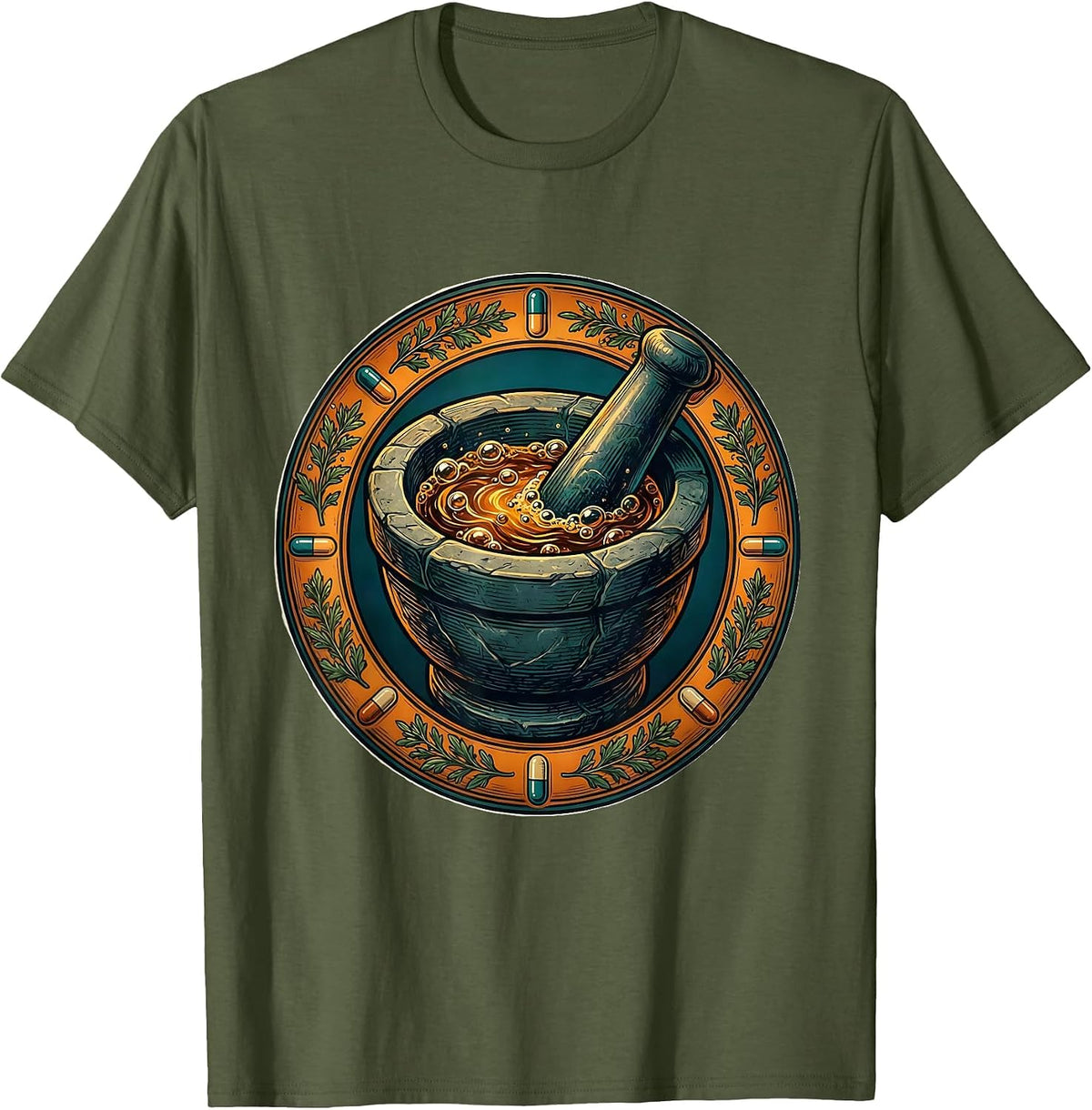 Pharmacy Technician Glowing Mortar and Pestle Art T-Shirt - Olive Green