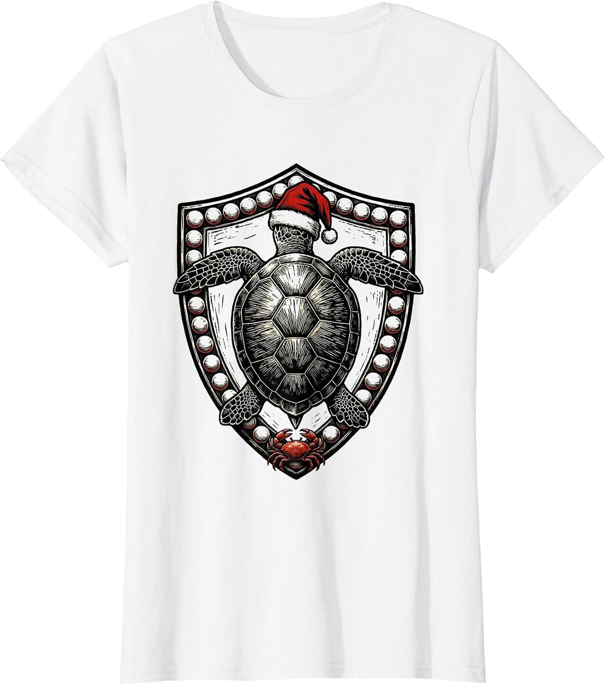 Women's Sea Turtle Santa Hat Woodcut Engraving Christmas Novelty T-Shirt - White