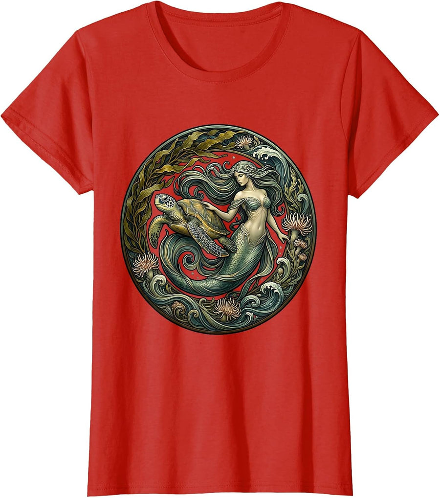 Women's Mermaid and Sea Turtle Ocean Swimming Illustration T-Shirt - Red