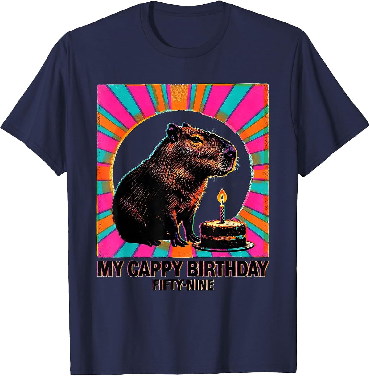 My Cappy Birthday Fifty-Nine Risograph Kawaii Capybara T-Shirt - Navy Blue