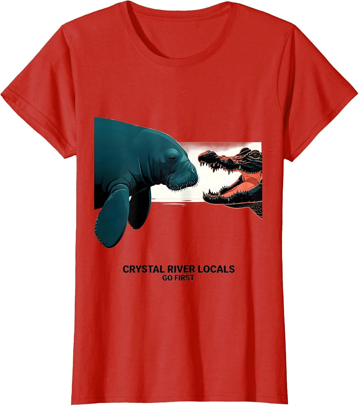 Crystal River Locals Go First Geometric Gulf Coast Manatee T-Shirt - Red