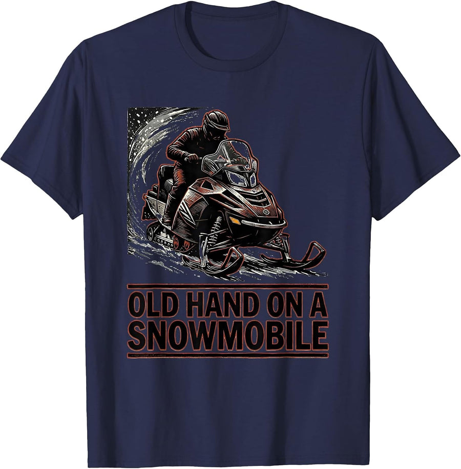 Old Hand On A Snowmobile Vintage Snowmobile Rider Winter T-Shirt - Navy Blue