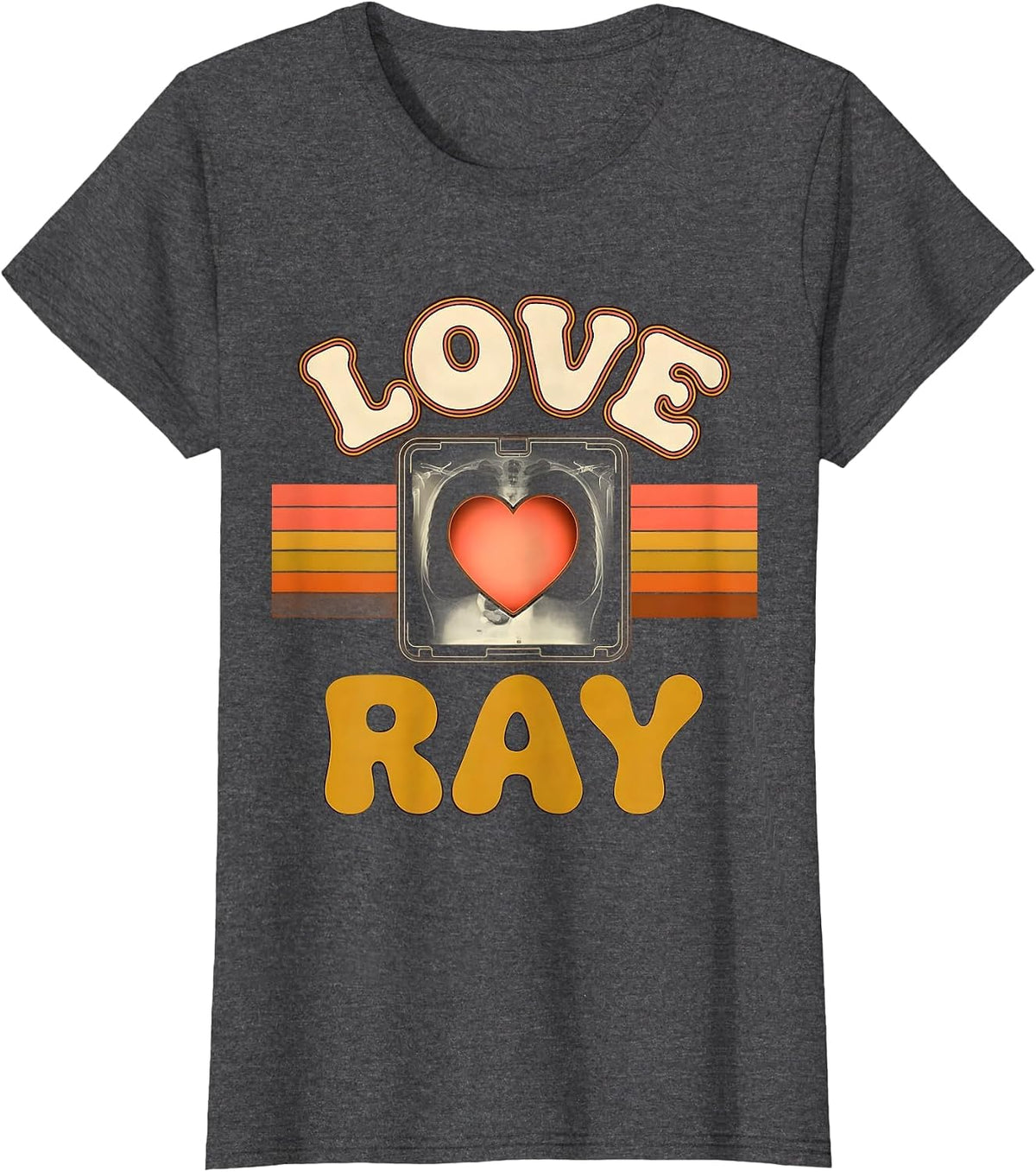 Women's Love Ray Retro 70s Radiology Tech Valentine Skeleton Humor T-Shirt - Dark Heather Grey