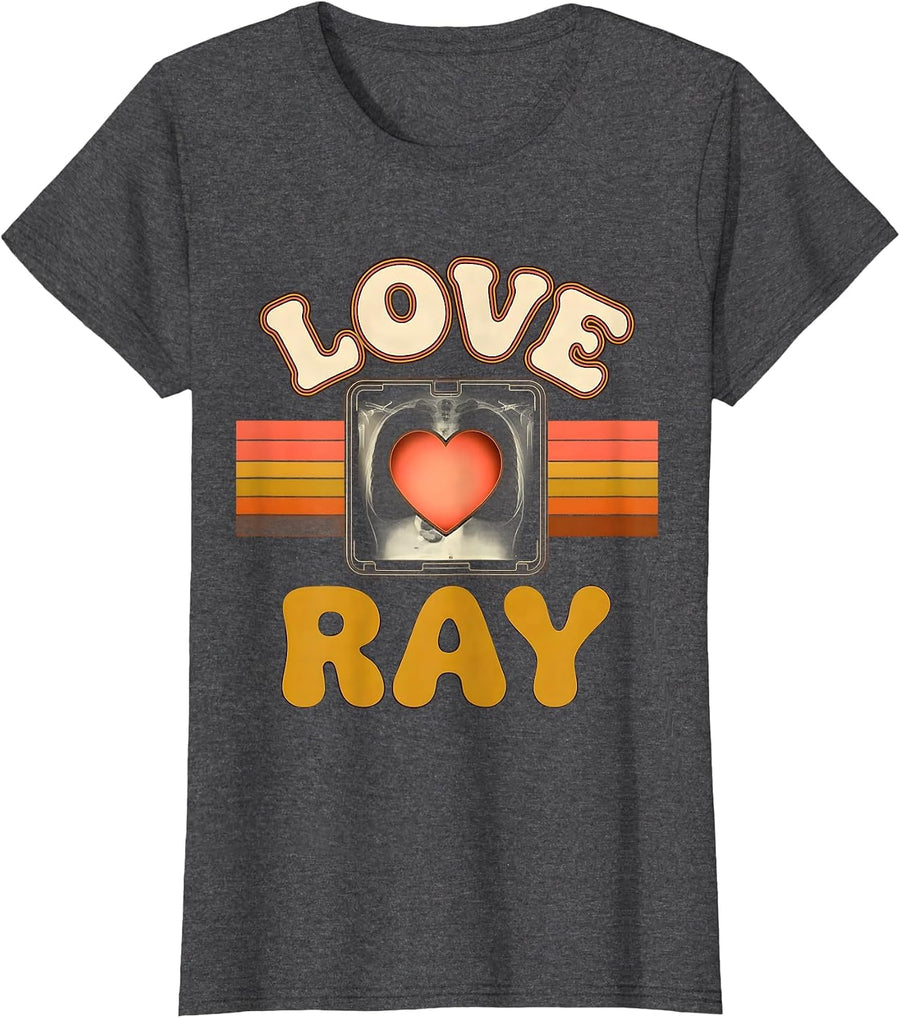 Women's Love Ray Retro 70s Radiology Tech Valentine Skeleton Humor T-Shirt - Dark Heather Grey