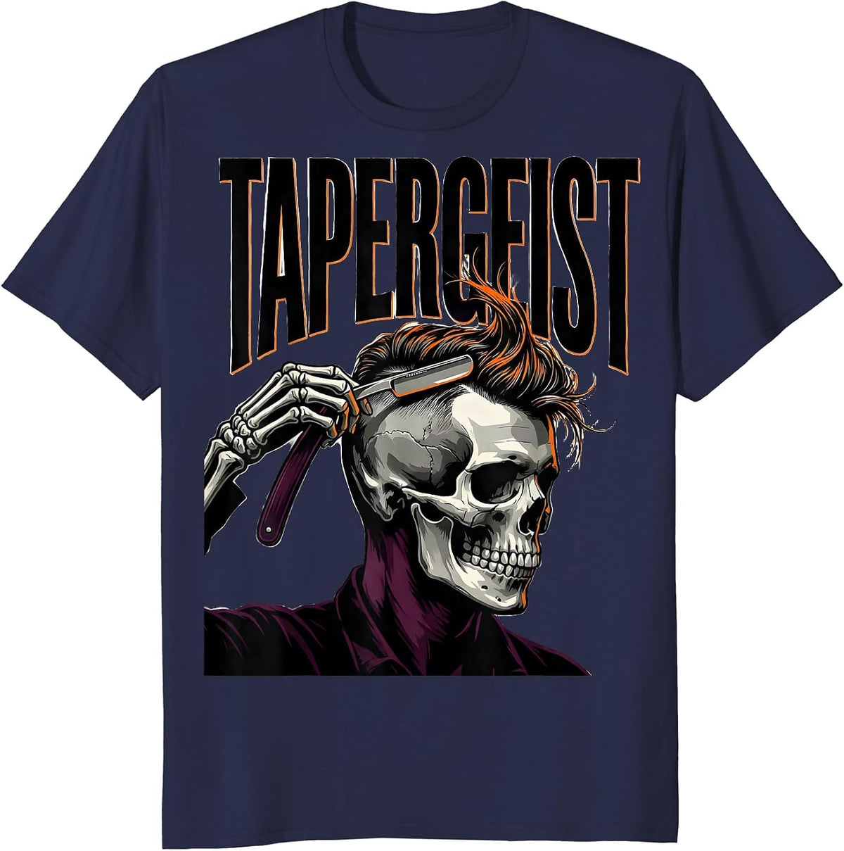 Tapergeist Skeleton Barber Halloween Hairstylist Humor T-Shirt - Navy Blue