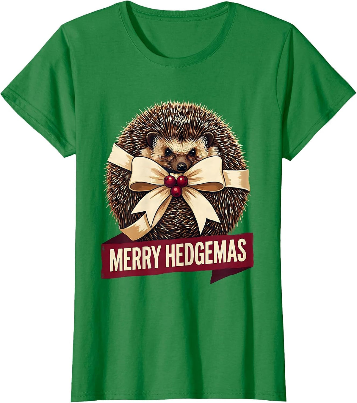 Women's Merry Hedgemas Cute Hedgehog Christmas Humor Novelty Gift T-Shirt - Kelly Green